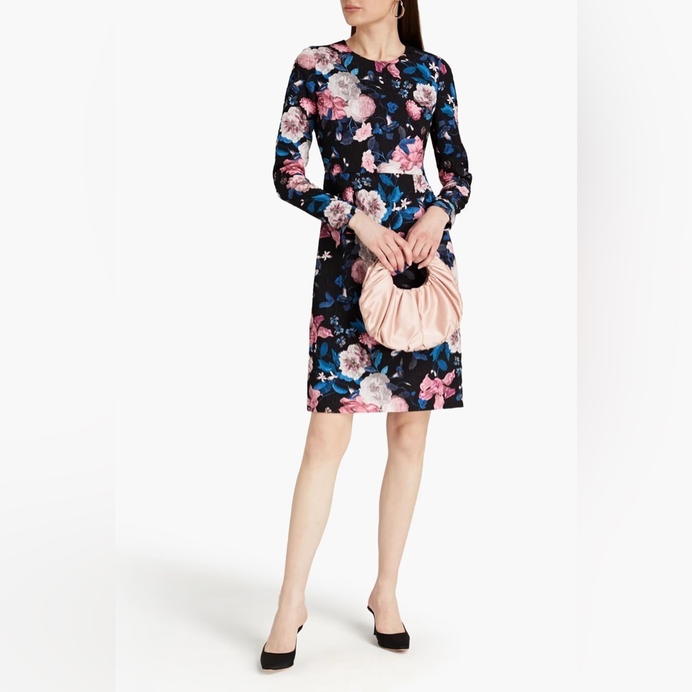 NWT ERDEM Evita Floral Print Cloque Jacquard Dress in Black Pink Blue 4